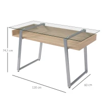 HOMCOM Bureau d'Ordinateur Table Informatique avec Plateau Verre Trempé Étagère de Rangement Support en Métal 120 x 60 x 74,5 cm(m-3)
