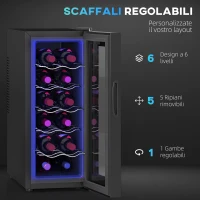 HOMCOM Cantinetta Frigorifero per 12 Bottiglie con Doppio Controllo Temperatura, Ripiani Regolabili e Luci, Nero(m-6)