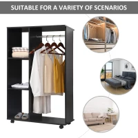 HOMCOM Open Wardrobe on Wheels, Bedroom Wardrobe with Clothes Hanging Rail, 3 Storage Shelves, Mobile Garment Rack for Cloakroom, Hallway, Black(m-4)