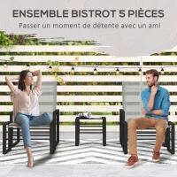 Outsunny Salon de jardin 5 pièces 2 places avec 2 fauteuils, 2 repose-pied et 1 table, métal noir, assise tissu mesh gris(m-4)