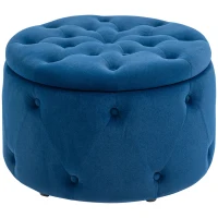HOMCOM Hocker, rund, mit Staufach, Steppdesign mit Knöpfen, Bezug in Samtoptik, blau, 60 x 60 x 40cm(m-1)