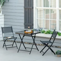 Outsunny 3 Pieces Garden Bistro Set, Folding Patio Table with Glass Table Top and 2 Chairs, Outdoor Furniture Set for Garden and Porch, Black(m-2)