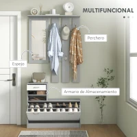 HOMCOM Recibidor de Entrada con Espejo Perchero y Zapatero Mueble de Recibidor de 2 Piezas con Ganchos Estantes y Cajón Gris(m-4)