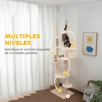 PawHut Árbol para Gatos de Suelo a Techo 225-255 cm con Hamacas Plataformas Juguete de Cuerda Bola de Juguete Beige y Gris(m-6)