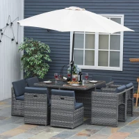 Outsunny 8 Seater Rattan Cube Garden Furniture Set with Parasol Hole, Rattan Dining Set with Cushions, Outdoor Dining Table and Chairs with Square Glass Top Table for Patio, Balcony, Mixed Grey(m-2)