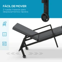 Outsunny Tumbona de Ratán Sintético con Respaldo Ajustable en 5 Posiciones Cojín y Ruedas 73x200x48 cm Gris Oscuro y Negro(m-5)