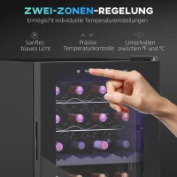 HOMCOM Kleiner Weinkühlschrank, Mini-Kühlschrank für 28 Flaschen, 74 Liter Kapazität, Glastür, LED-Beleuchtung, Touch-Screen(m-5)