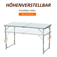 Outsunny Campingtisch Klapptisch Picknicktisch Koffertisch Esstisch höhenverstellbar Alu + MDF Weiß 120 x 60 x 54/70 cm(m-6)