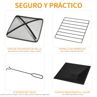 Outsunny Brasero Exterior Calentador de Fuego 76x76x47 cm Multifuncional 3 en 1 Cuadrada Nuevo Estilo Cubo de Hielo para Calefacción Barbacoa Terraza Jardín Negro(m-5)