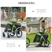 PawHut Rimorchio Bici e Passeggino per Cani 2 in 1 Pieghevole con Catarifrangenti e Bandierina, Verde(m-6)