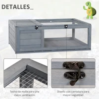 PawHut Casa para Tortugas de Madera con Techo de Malla y Paneles Laterales Transparentes Extraíbles 91x60,5x32 cm Gris(m-6)