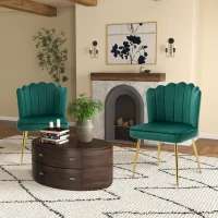 HOMCOM Shell Dining Chairs Set of 2, Upholstered Kitchen Chairs with Gold Metal Legs and Backrest, Velvet Fabric Lounge Leisure Chairs for Living Room, Reception Room, Green(m-2)