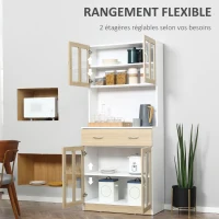 HOMCOM Buffet haut de Cuisine Armoire de Cuisine Multi-Rangement 4 Portes vitrine Verre avec étagère tiroir Coulissant Grand Plateau en Bois Blanc Aspect chêne Clair(m-5)