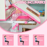 HOMCOM Banco Scuola per Bambini 6-12 Anni Regolabile con Luce LED, Leggio e Portapenne, in MDF, PP e Acciaio, Rosa(m-7)