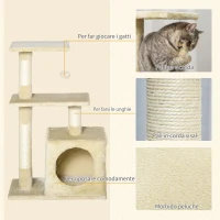 PawHut Tiragraffi per Gatti con Casetta, 2 Piattaforme e Pallina Giocattolo, Albero Tiragraffi in Truciolato, Sisal e Peluche, 50x30x81.5 cm, Beige(m-5)