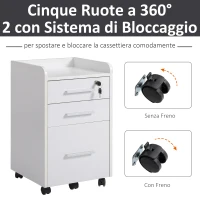 HOMCOM Schedario da Ufficio con 3 Cassetti, 5 Ruote, Cassettiera Ufficio con Serratura e 2 Chiavi per Lettera/Legale/Formato A4, Armadietto Verticale per Studio, 39.2x40x65.4 cm, Bianco(m-6)
