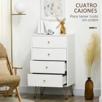 HOMCOM Cómoda de Madera con 4 Cajones y Patas Metálicas Mueble Cajonera para Salón Oficina 60x40x100 cm Blanco(m-4)