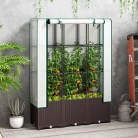 Outsunny Raised Garden Bed with Trellis, Plastic Planter Box with PE Cover, Drainage Holes, Drain Plugs and Water Reservoirs for Climbing Plants, Vegetables, Flowers, 120 x 40 x 140 cm(m-2)