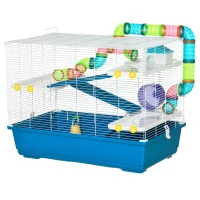 PawHut Jaula para Hámster Grande 79x46x60 cm Casa para Hámster con 3 Plataformas Tubos Comedero Bebedero 3 Rampas Rueda de Ejercicio y 2 Asas Portátiles Azul y Blanco(m-11)