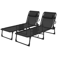 Outsunny Portable Sun Lounger Set of 2, Folding Camping Bed Cot, Reclining Lounge Chair 5-position Adjustable Backrest with Side Pocket, Pillow for Patio Garden Beach Pool, Black(m-11)