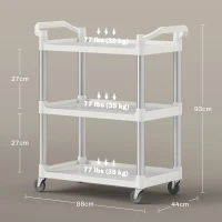 HOMCOM Carrello Portavivande a 3 Livelli in PP e Lega di Alluminio, 88x44x93 cm, Bianco e Argento(m-3)