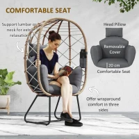 Outsunny Rattan Egg Chair Outdoor Indoor Wicker Chair with Thickened Cushion and Headrest, Standing Garden Egg Chair with Cup Holder, Metal Frame for Patio, Balcony, Brown(m-4)