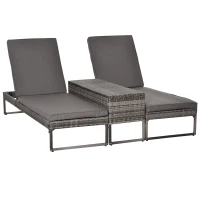 Outsunny 3pz Componibile 2 Lettini Prendisole (60 x 195 x 86cm) 1 Tavolino (121 x 40 x 50cm) Rattan con Materassini Grigio(m-1)