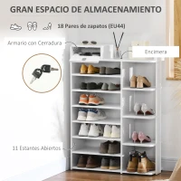 HOMCOM Estante Zapatero de Madera con 11 Estantes para 18 Pares de Zapatos y Armario con Cerradura 80x27x112 cm Blanco(m-4)