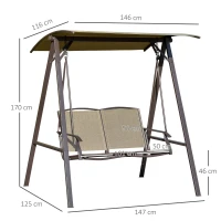 Outsunny 2 Seater Garden Swing Seat Swing Chair, Outdoor Canopy Swing Bench with Adjustable Shade, Metal Frame and Texteline Seat, Brown(m-3)
