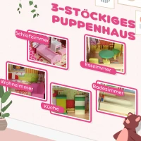 AIYAPLAY Puppenhaus, 3 Etagen, 13 Möbelstücke, Garage, Rutschen & Balkon, 114 x 32 x 92 cm, Rosa(m-5)