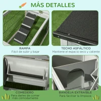 PawHut Conejera Exterior de Madera 150x52x68 cm Jaula para Conejos Grande con Techo Abatible Bandeja Extraíble y Rampa Gris(m-7)