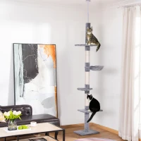 PawHut Árbol para Gatos de Suelo al Techo de 230-260 cm con Altura Ajustable Plataformas Hamaca y Postes de Sisal Gris(m-2)