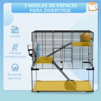 PawHut Jaula de Hámster con Fondo de Vidrio Plataformas Cuenco Bebedero Casita Rampas y Rueda de Ejercicio 60x40x54,5 cm Negro(m-4)