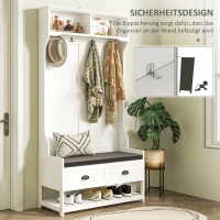 HOMCOM Garderobenständer mit Haken, Garderobe mit Schuhbank, für Eingangsbereich, Flur, Metall, MDF, Weiß+Grau(m-5)