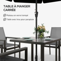 Outsunny Salon de jardin 5 pièces avec 1 table à manger et 4 chaises - plateau en verre trempé avec trou pour parasol gris(m-5)
