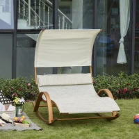 Outsunny Bain de Soleil transat de jardin chaise longue en bois Design à Bascule 2 pers. tétière & Pare-Soleil Inclus Bois pin pré-huilé textilène dim. 190L x 135l x 185H cm crème chiné(m-2)
