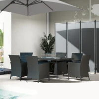 Outsunny 7 Pieces Outdoor Rattan Garden Furniture with Fire Pit Table, 6 Seater Garden Table and Chairs with Cushions, Rattan Dining Set with Propane Heater Table, Windscreen, 50,000 BTU, Black(m-8)
