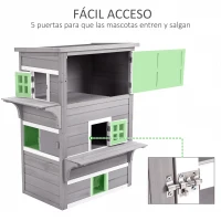 PawHut Caseta para Gatos de Madera Exterior Casa Grande para Gatos de 3 Pisos con Múltiples Entradas Ventanas y 2 Plataformas para Terraza Balcón Jardín 93,5x67x117 cm Gris(m-6)