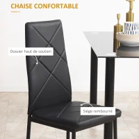 HOMCOM Ensemble de table à manger avec 4 chaises plateau en verre trempé, pieds en acier, pour cuisine salon noir(m-5)