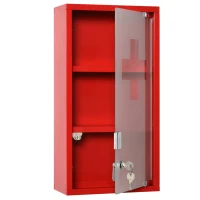 kleankin Armoire à Pharmacie 2 étagères 3 Niveaux verrouillable Porte Verre trempé dépoli Logo Croix 25L x 12l x 48H cm métal Rouge(m-1)