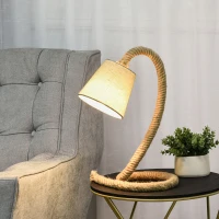 HOMCOM Tischlampe mit Hanfseilbasis und Lampenschirm aus Leinenoptik, E14 Lampensockel, Hanf, Polyester, Metall, 29,5 x 21 x 43,5 cm(m-2)