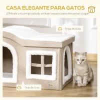 PawHut Casa Plegable para Gatos Interior Cueva para Gatos Grande con Tapa Extraíble Cojines 2 Entradas y Ventana Taburete para Gatos 63,5x37x40 cm Beige(m-4)