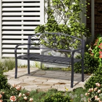 Outsunny Panchina da Esterno a 2 Posti, Panchina da Giardino Design Floreale Ergonomica con Braccioli in Metallo Nero, 129x50x91cm(m-2)