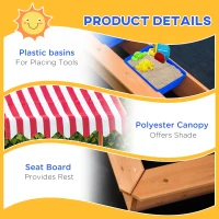 Outsunny Sand Pit Kids Wooden Sandbox with Cover Children Sandpit Play Station Height Adjustable with Canopy, Bottom Liner, Plastic Basins for Outdoor Aged 3-7 Years(m-6)