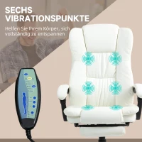 Vinsetto Verstellbarer Drehstuhl mit Fußstütze, Kopfstütze, Massagefunktion, Kunstleder, 68,5x68,5x113-121cm, Cremeweiß(m-4)