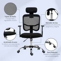 Vinsetto Silla de Oficina Giratoria Silla de Escritorio Ergonómica con Altura Ajustable Función de Inclinación Reposacabezas y Soporte Lumbar 63x62x109-117 cm Negro(m-7)