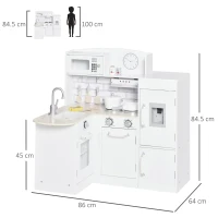 HOMCOM Cucina Giocattolo per Bambini in Legno con 14 Accessori, Forno, Lavandino, Frigo e Microonde, Età 3+ Anni, 86x64x84.5cm, Bianco e Argento(m-3)