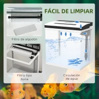 PawHut Acuario de Cristal de 28L Pecera Pequeña con Sistema de Filtro Iluminación LED Bomba de Agua 38x26x39,5 cm Blanco(m-6)