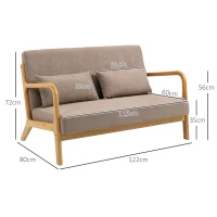 HOMCOM 2-er Sofa, 2-Sitzer, kleines Sofa, Retrodesign, 2 Kissen, Kautschukholz, Braun + Natur(m-3)