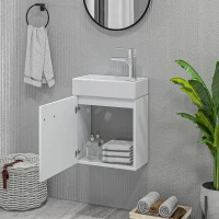HOMCOM Mueble de Baño con Lavabo de Pared con Puerta con Cierre Suave y Armario 40x23x50 cm Blanco Brillante(m-8)